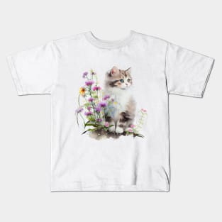 Cute Kitten surrounded with wild flowers. Watercolor Art of Cat Kids T-Shirt